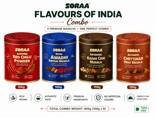 Promotional graphic for the Soraa Flavour of India Combo, featuring four 100g spice powder tins: Red Chilli Powder (red), Awadhi Biryani Masala (blue), Kadak Chai Masala (brown), and Chettinad Meat Masala (bronze), with text and icons detailing product features and total weight.