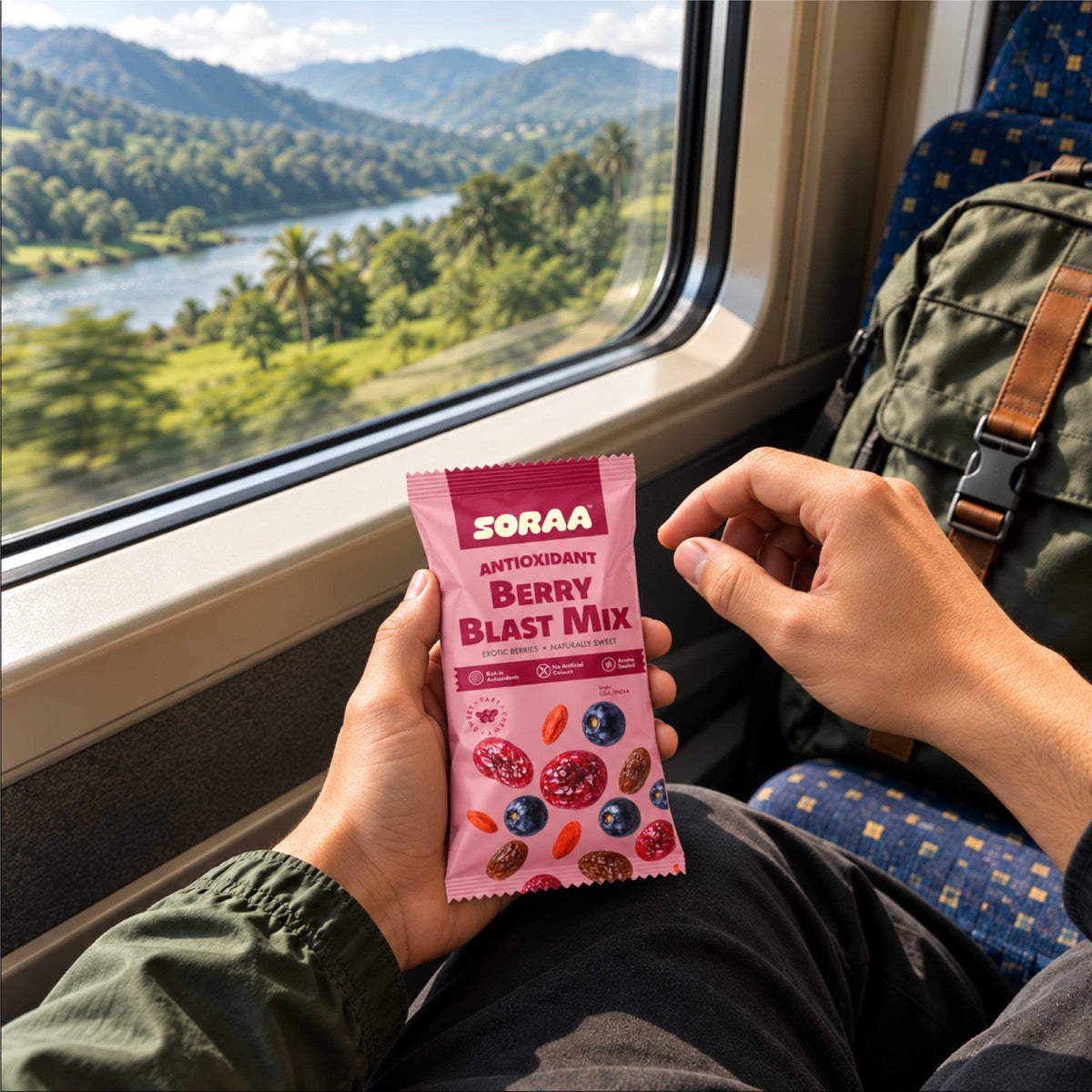 SORAA Berry Blast Mix on a scenic train journey